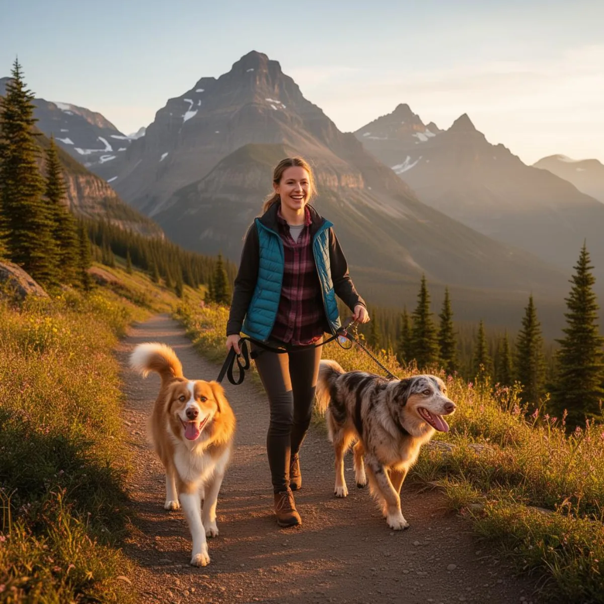 Caretaker walking happy dogs on a mountain trail near Glacier Bark BnB in East Glacier Park, Montana