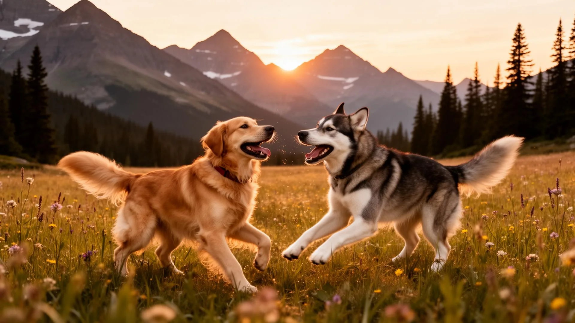 Happy dogs playing in a mountain meadow near Glacier National Park