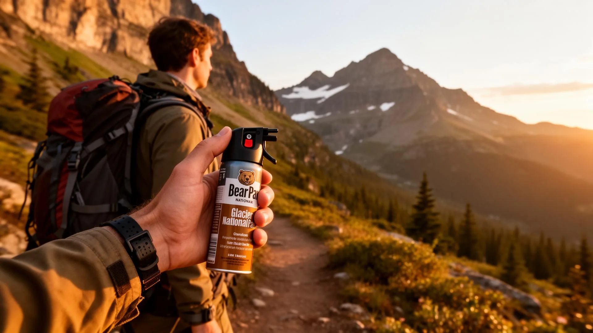 Canister of bear spray on a hiking trail in Glacier National Park, Montana