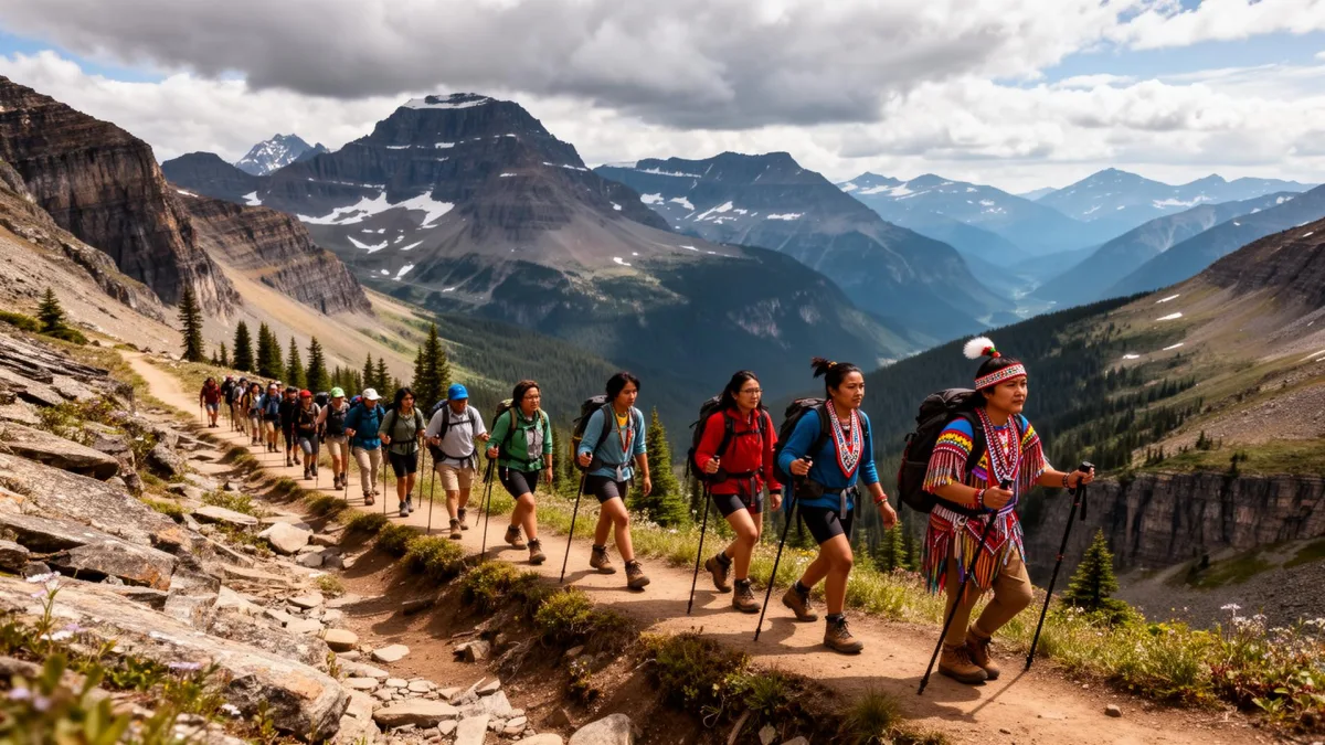 Small group on a guided hike with a Blackfeet Indigenous guide in Glacier National Park