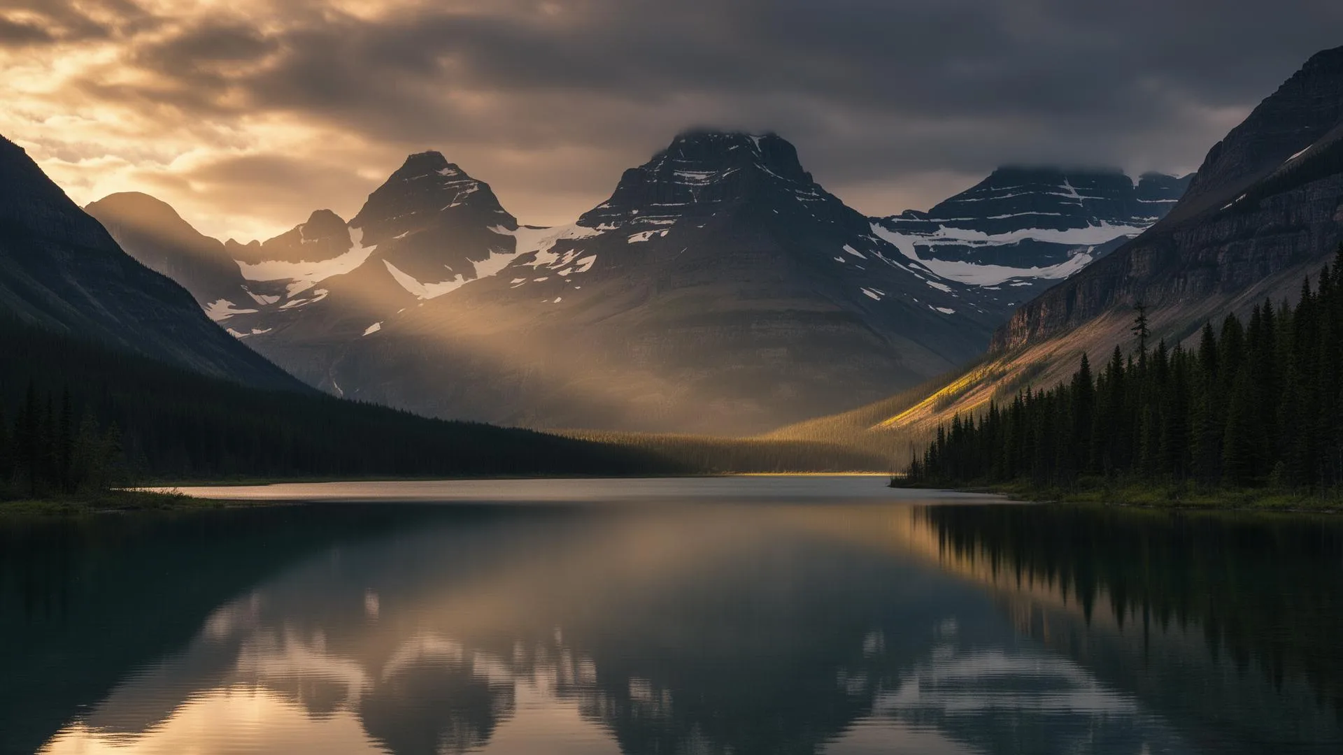 Golden-hour view of jagged peaks reflected in an alpine lake in Glacier National Park near East Glacier Park, Montana