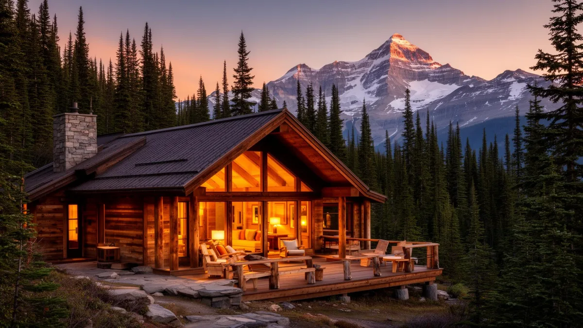 Glacier Alpine Lodges cabin at twilight in East Glacier Park, Montana, with porch lights glowing under the mountains