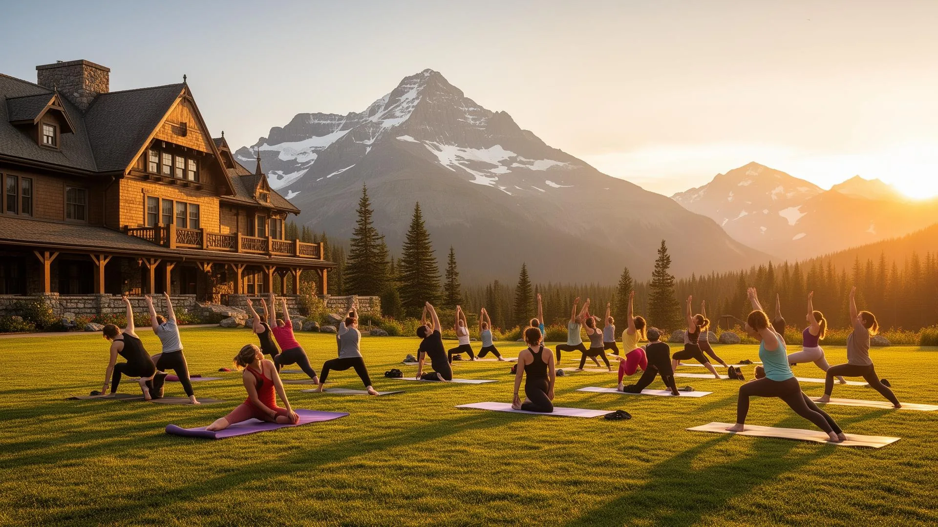 Yoga class at sunrise with mountain backdrop near Glacier National Park